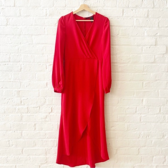 Jay Godfrey || Faux Wrap Long Sleeved Dress Red 6 - Picture 1 of 8